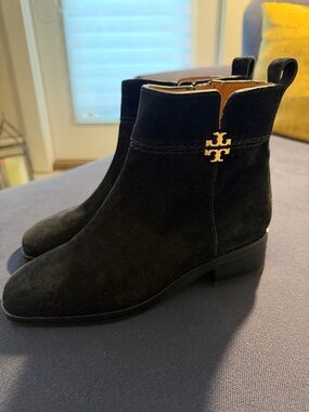 NWT Tory Burch Black Suede Ankle Boot with Gold Logo Accent